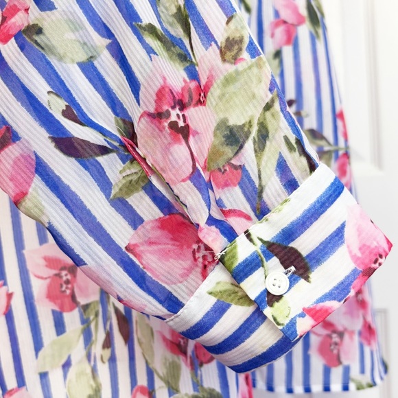 Talbots Sheer Floral Blue Stripe Print Long Sleeve Button Down Shirt XL - Picture 13 of 16